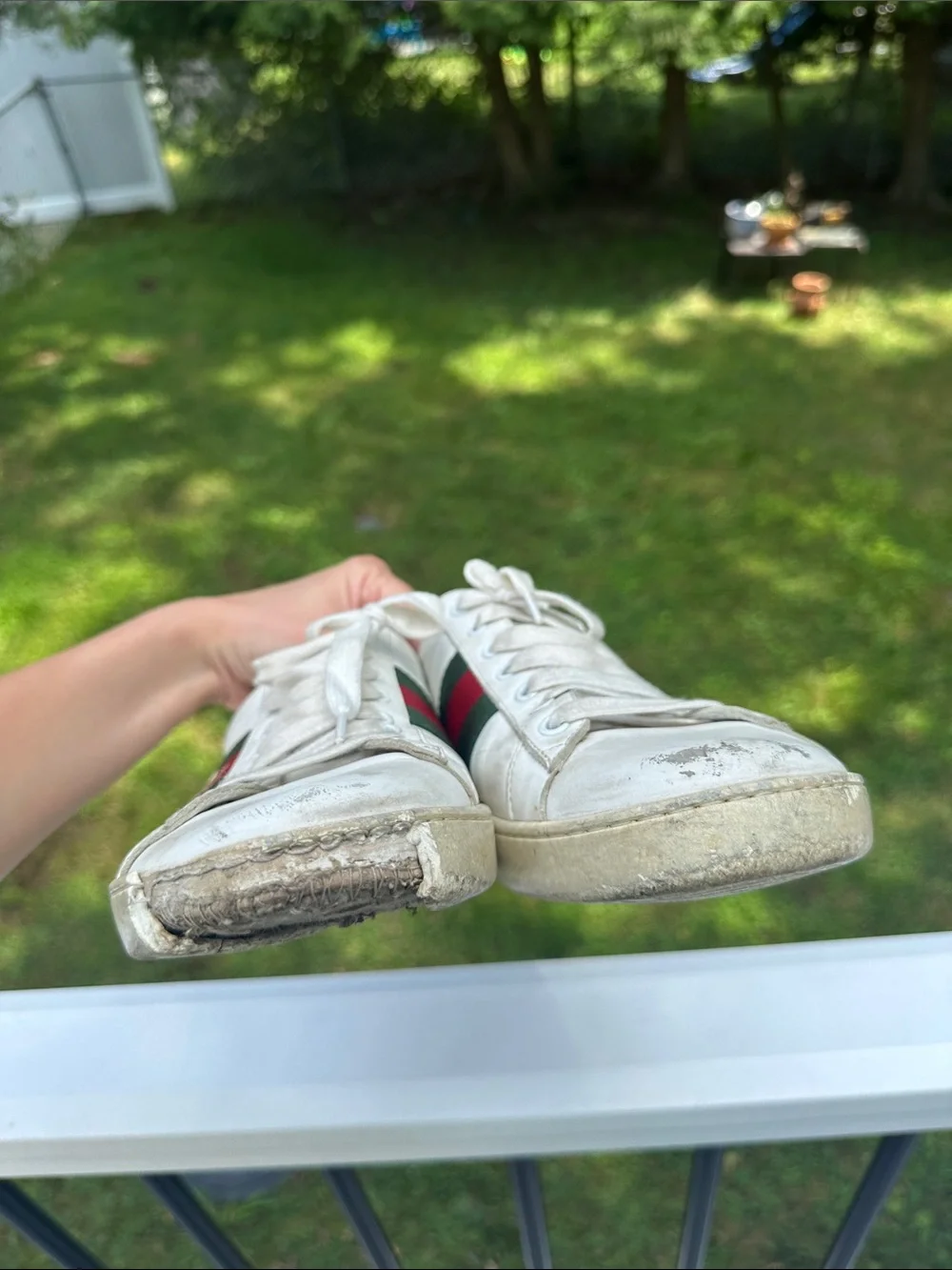 Gucci White Leather Sneakers with Red & Green Stripe and Metallic Heel Accents